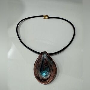 Murano Glass Elegant Teardrop Blue and Sparkling Brown Pendant Necklace